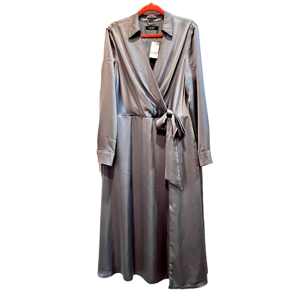 NEW Ralph Lauren Satin Dress Size 16 Slate Blue Long Sleeve MIDI